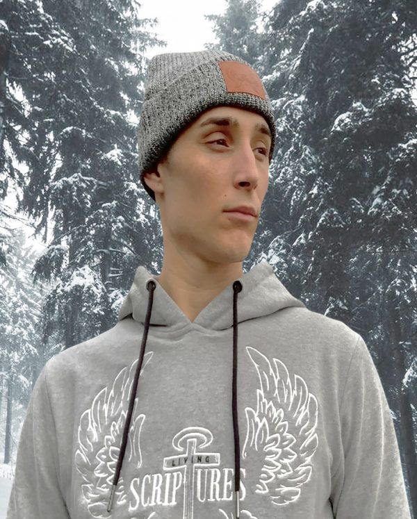 Gray Cotton Wool Leather Patch Beanie